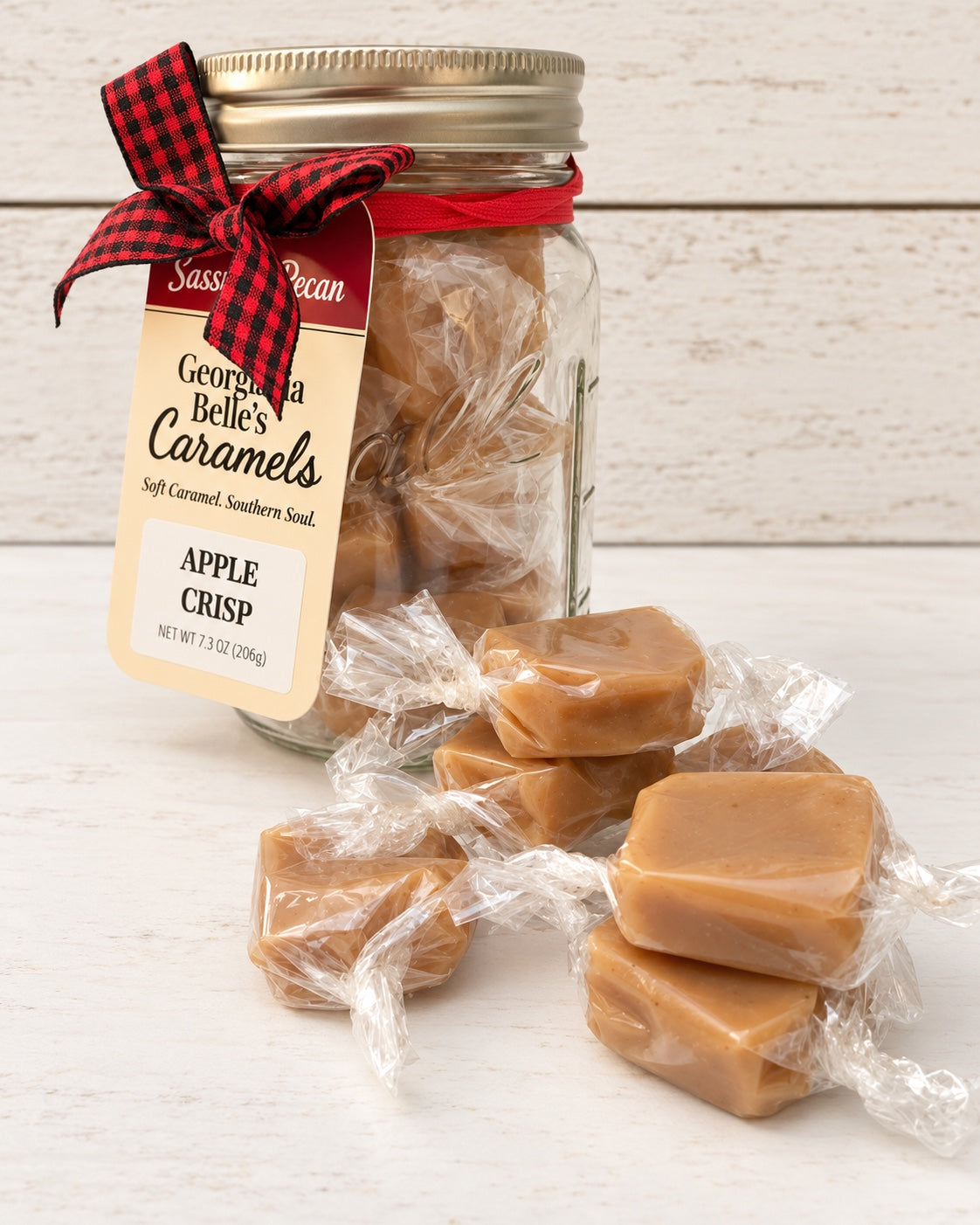 Georgia Belle's Caramels Apple Crisp Ball mason jar, front photograph